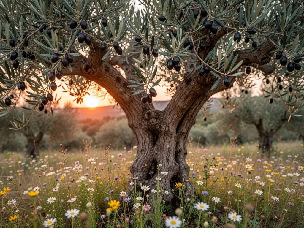 A mature olive tree heavy with ripe black olives, gnarled branches untouched, wildflowers blooming beneath, warm sunset
