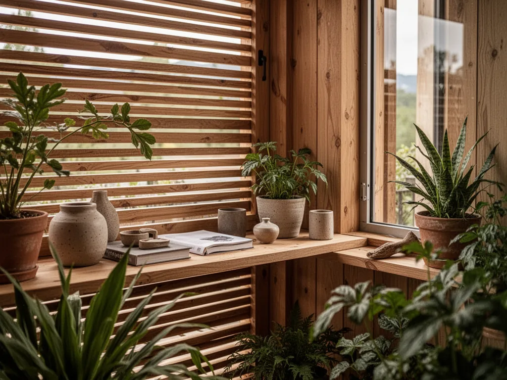 Planche de lames de terrasse en bois posées devant un jardin